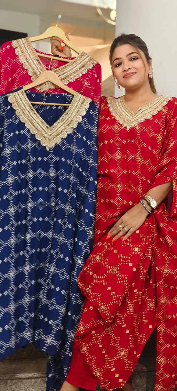 Zari V-Neck Polka Dotted Bright Kaftan Suit With Bottom In Muslin Fabric