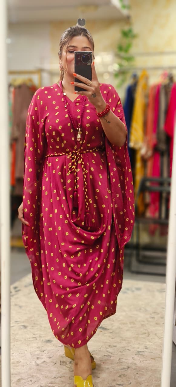 Bandhej Print Cowl Style Very Flared Casual Frock In Muslin Fabric