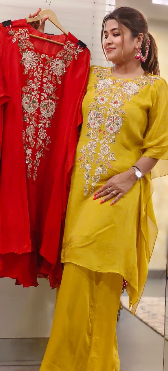 Designer Chinon Fabric Kaftan Set with Intricate Tiny Pearl Embroidery & Palazzo Pant- 11441, 11442