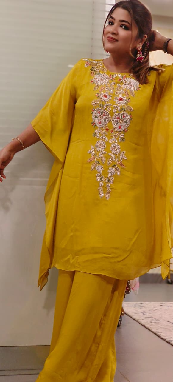 Designer Chinon Fabric Kaftan Set with Intricate Tiny Pearl Embroidery & Palazzo Pant- 11441, 11442
