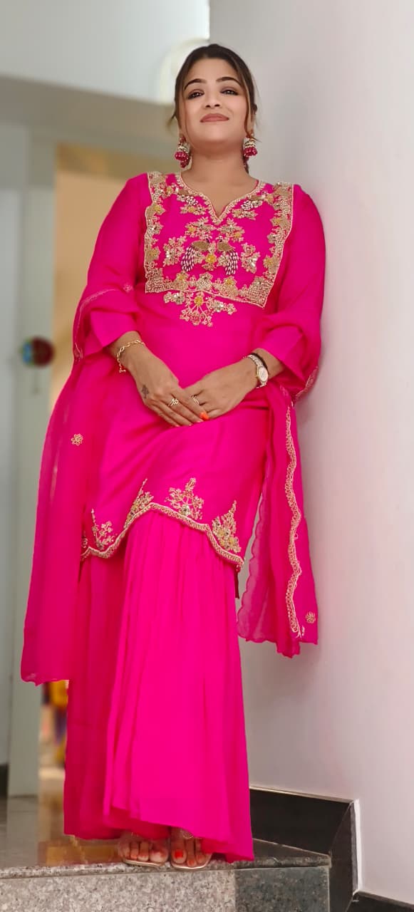 Luxury Dola Silk Hand-Embroidered Rich Detailing Sharara Full Suit Set With Dupatta- 11437, 11436, 11438