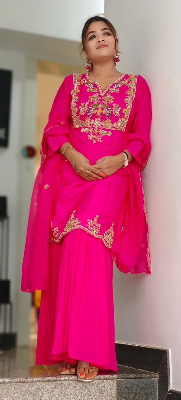 Luxury Dola Silk Hand-Embroidered Rich Detailing Sharara Full Suit Set With Dupatta- 11437, 11436, 11438