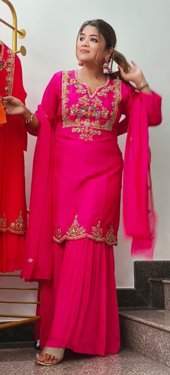 Luxury Dola Silk Hand-Embroidered Rich Detailing Sharara Full Suit Set With Dupatta- 11437, 11436, 11438