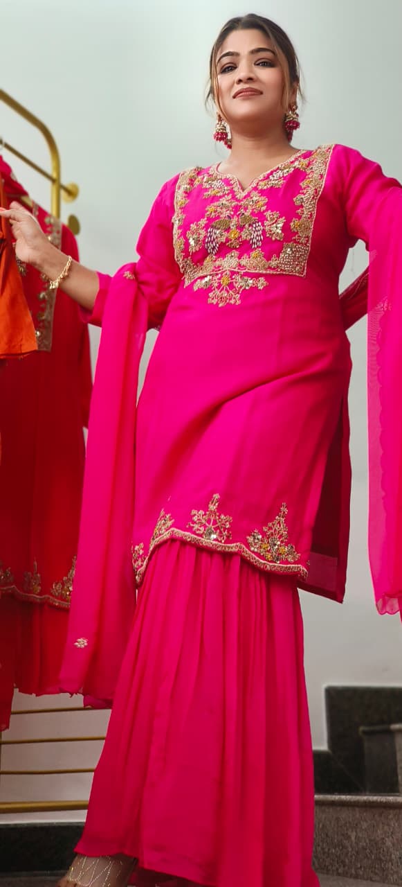 Luxury Dola Silk Hand-Embroidered Rich Detailing Sharara Full Suit Set With Dupatta- 11437, 11436, 11438