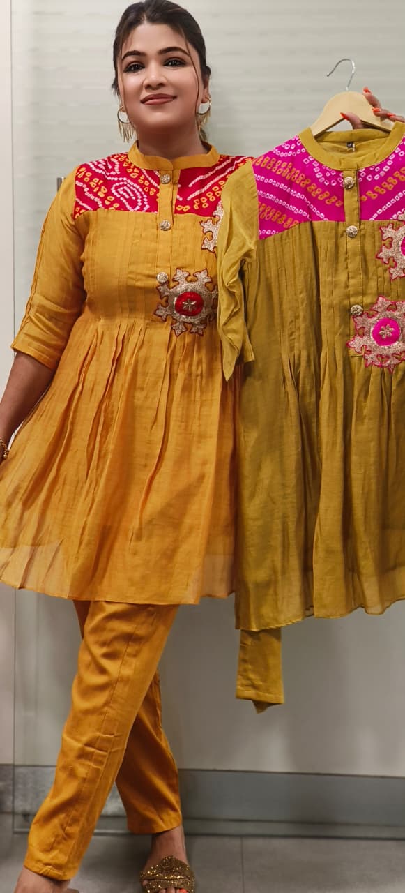 Vibrant Mul Chanderi Co-Ord Set With Bandhej Yoke & Embroidered Detailing- 11408, 11409