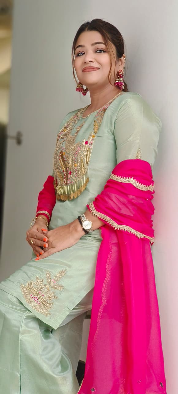 Bead & Stone Embellishments Leafy Tasseled Sunshine Charm Full Suit Set With Dupatta & Tapered Palazzo In Shimmer Tissue Fabric-11434,11435
