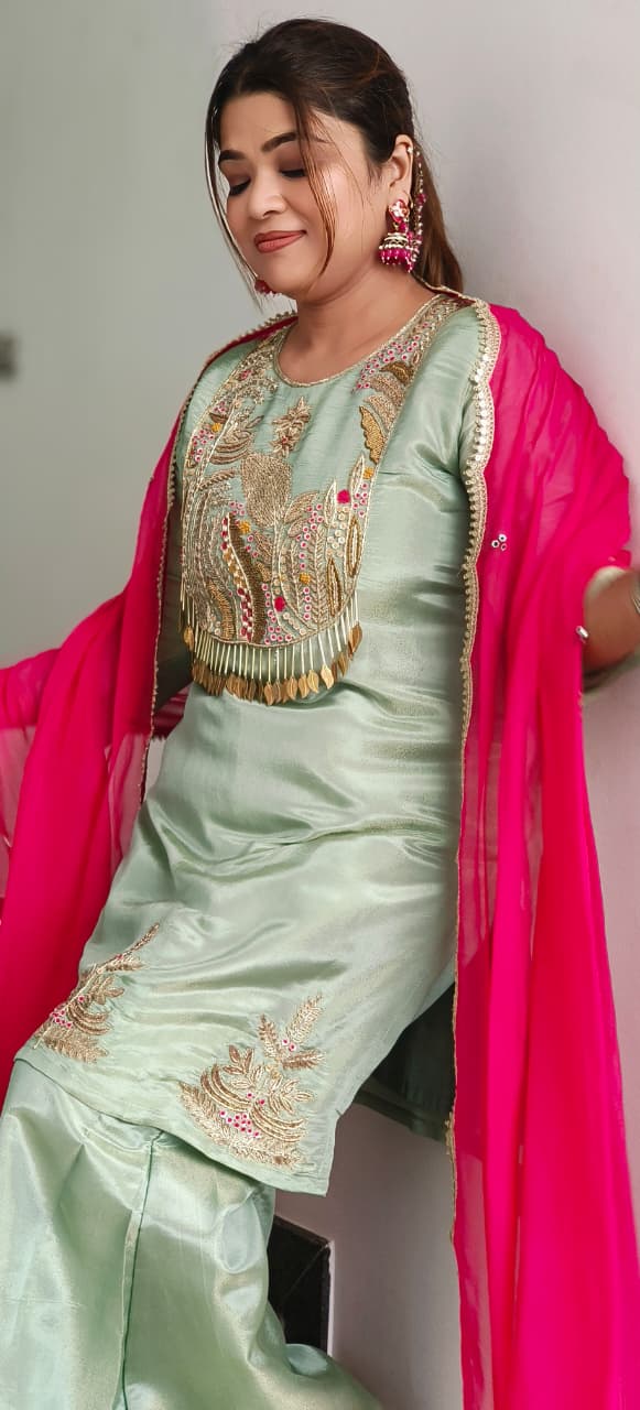 Bead & Stone Embellishments Leafy Tasseled Sunshine Charm Full Suit Set With Dupatta & Tapered Palazzo In Shimmer Tissue Fabric-11434,11435