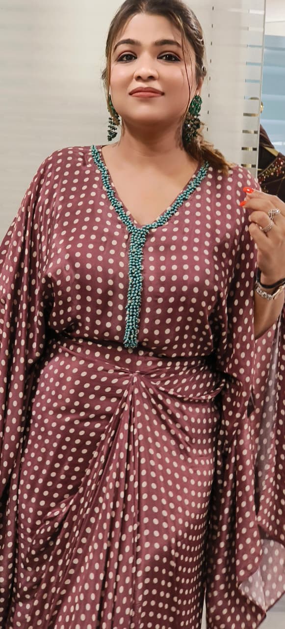 Tiny Pearl Bordered Polka Dotted Indo-Western Loose Balloon Top With Drape Skirt In Crepe Fabric- 11367