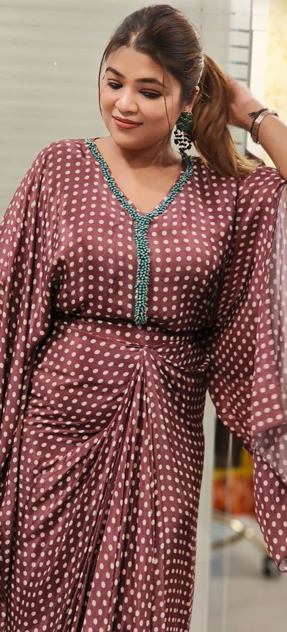 Tiny Pearl Bordered Polka Dotted Indo-Western Loose Balloon Top With Drape Skirt In Crepe Fabric- 11367