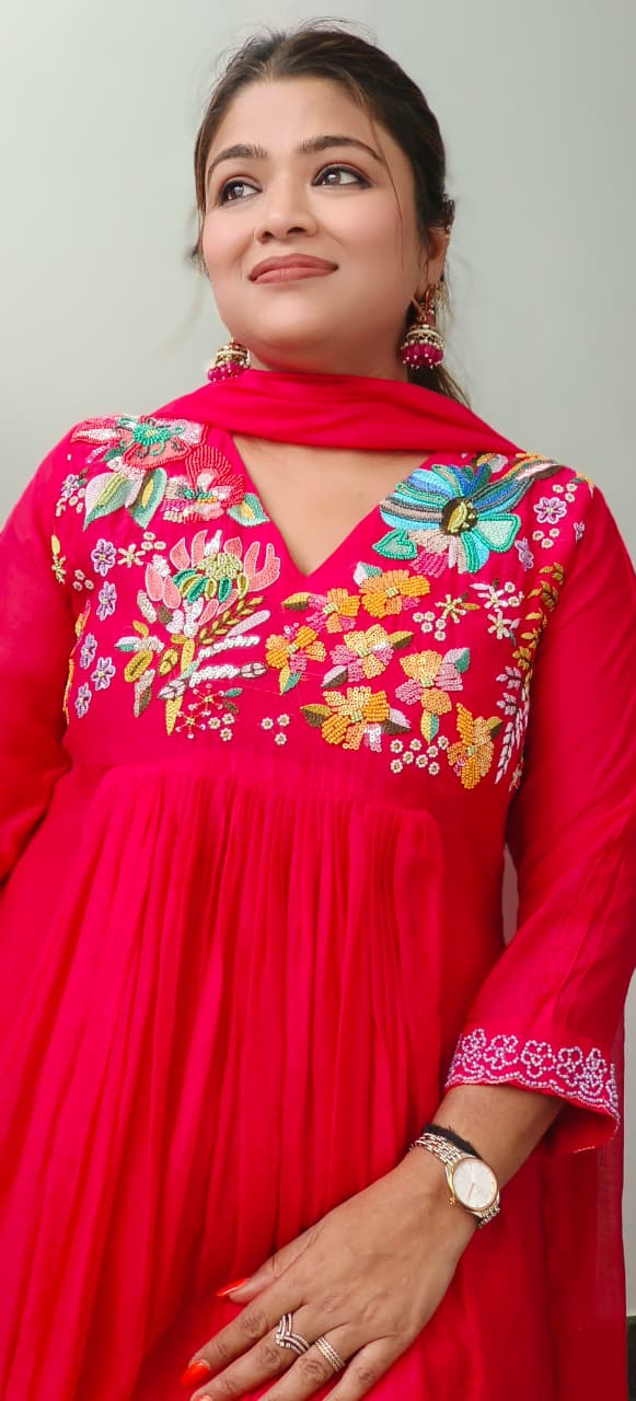 Beads Cut Dana Embroidered Yoke Mul-Chanderi A-Line Full Suit Set With Dupatta