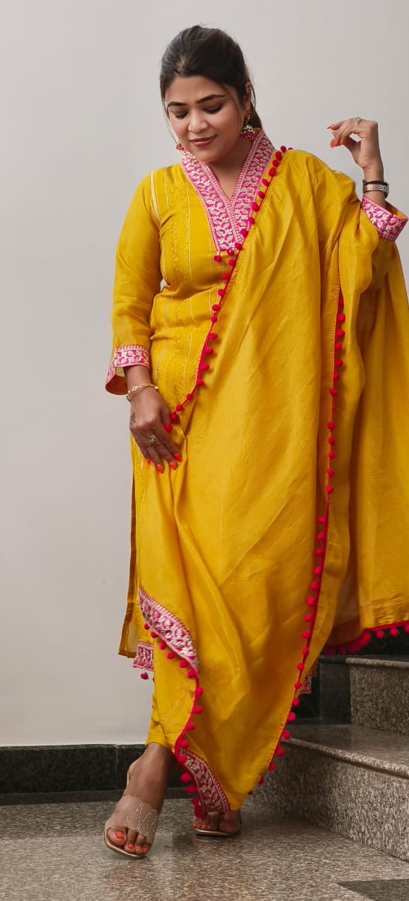 V-Neck Tasseled Floral Zari Embroidered Panel Straight Full Suit Set With Pom-Pom Bordered Dupatta In Organza Synthetic Fabric