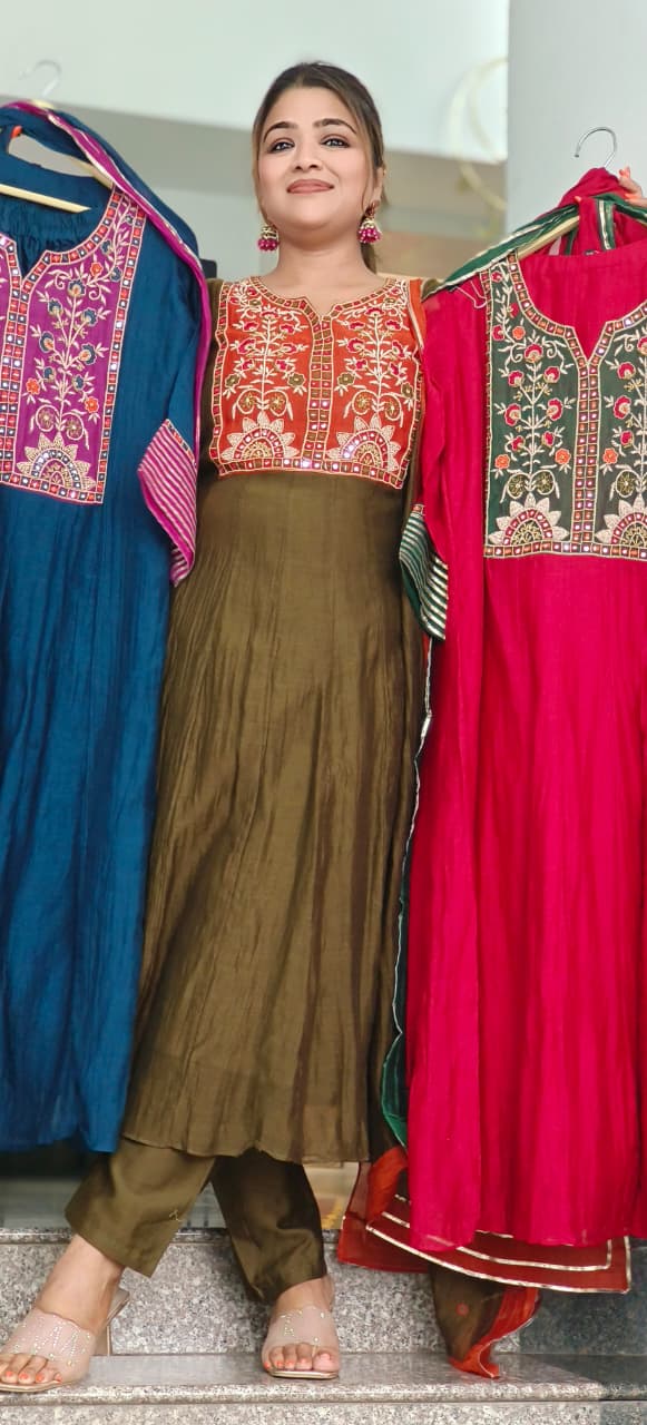Premium Mul Chanderi Intricate Mirror Hand Embroidery A-Line Full Suit Set With Dupatta- 11429, 11430, 11431