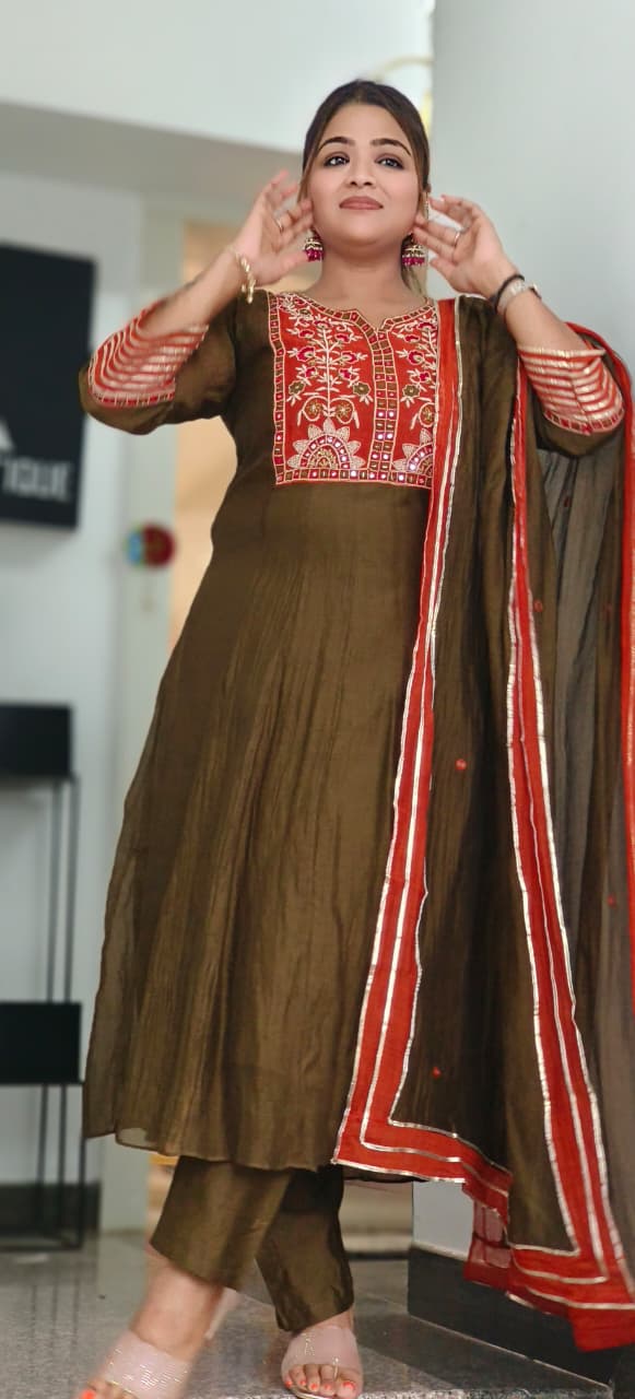Premium Mul Chanderi Intricate Mirror Hand Embroidery A-Line Full Suit Set With Dupatta- 11429, 11430, 11431