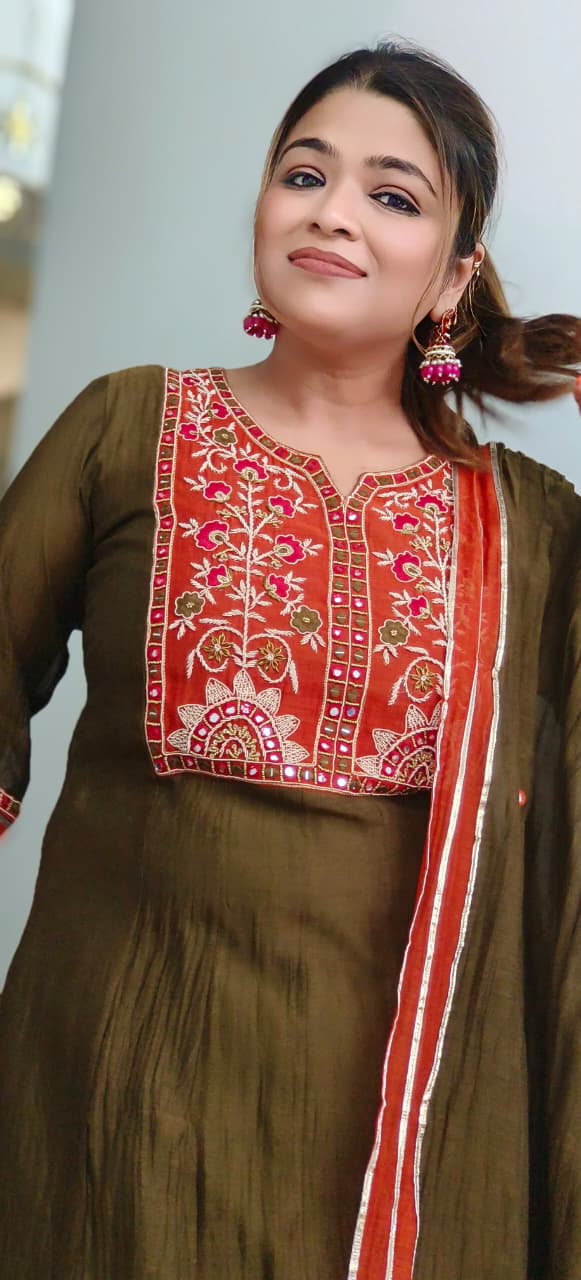 Premium Mul Chanderi Intricate Mirror Hand Embroidery A-Line Full Suit Set With Dupatta- 11429, 11430, 11431