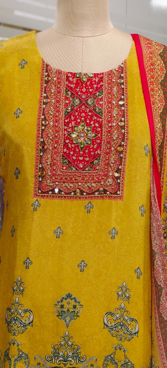 Mustard Elegance Block Yoke Printed Full Suit Set With Dupatta & Loose Palazzo Bottom In Crepe Fabric
