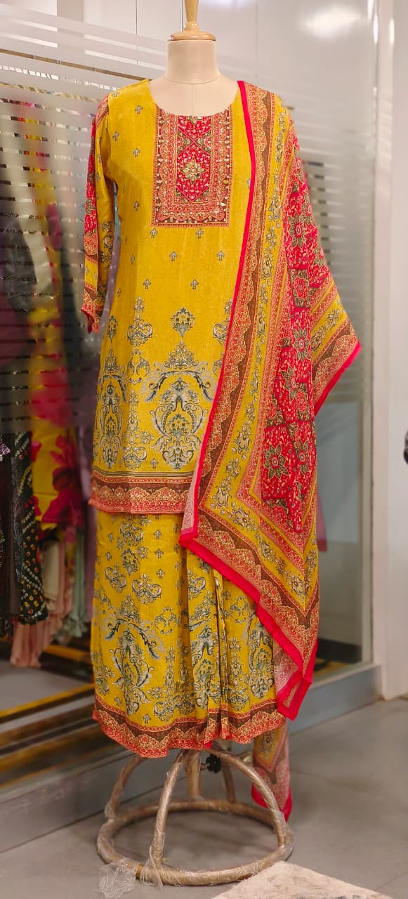 Mustard Elegance Block Yoke Printed Full Suit Set With Dupatta & Loose Palazzo Bottom In Crepe Fabric