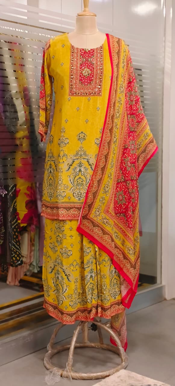 Mustard Elegance Block Yoke Printed Full Suit Set With Dupatta & Loose Palazzo Bottom In Crepe Fabric