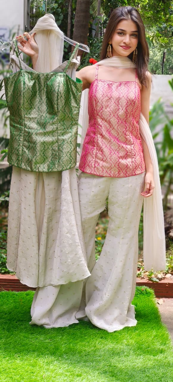 Indo-Western Wear Banarasi Touch Brocade Kurta With Flarred Palazzo In Crush Tissue 11143 (DISPATCHING AFTER 25 DAYS ON ORDERS EXCEPT FOR 38 SIZE)