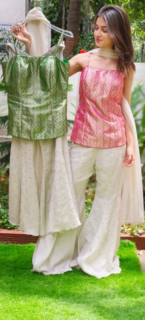 Indo-Western Wear Banarasi Touch Brocade Kurta With Flarred Palazzo In Crush Tissue 11143 (DISPATCHING AFTER 25 DAYS ON ORDERS EXCEPT FOR 38 SIZE)