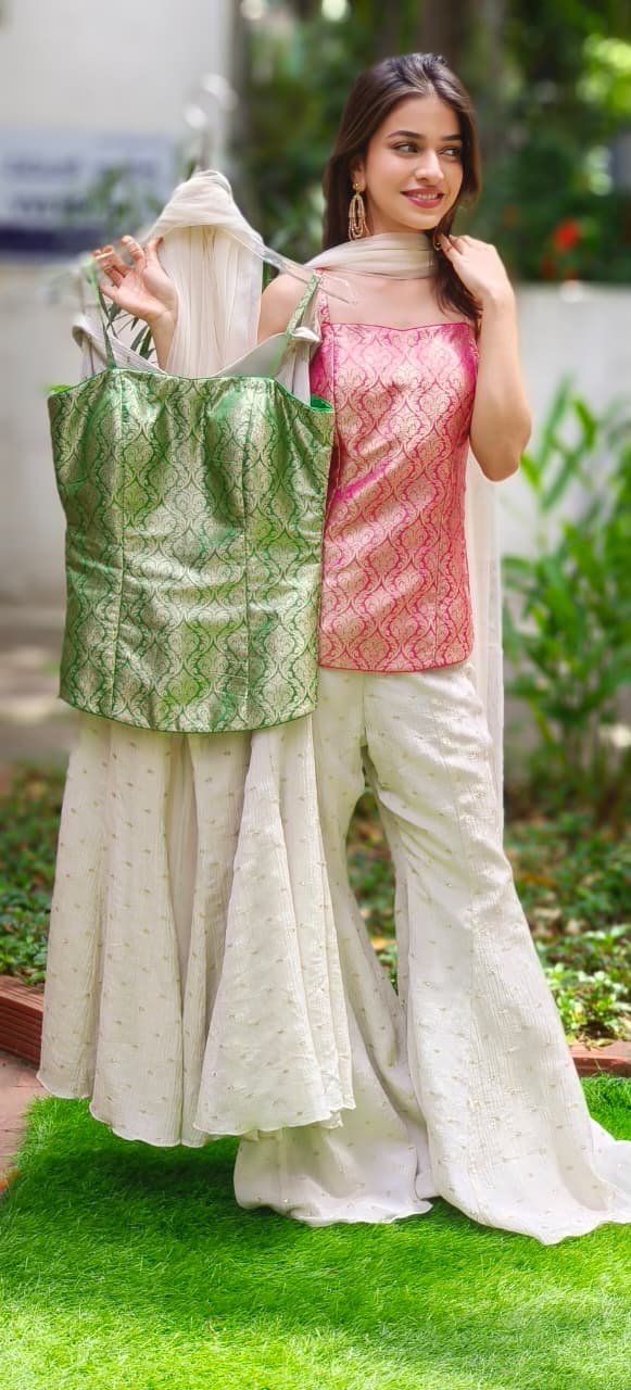 Indo-Western Wear Banarasi Touch Brocade Kurta With Flarred Palazzo In Crush Tissue 11143 (DISPATCHING AFTER 25 DAYS ON ORDERS EXCEPT FOR 38 SIZE)