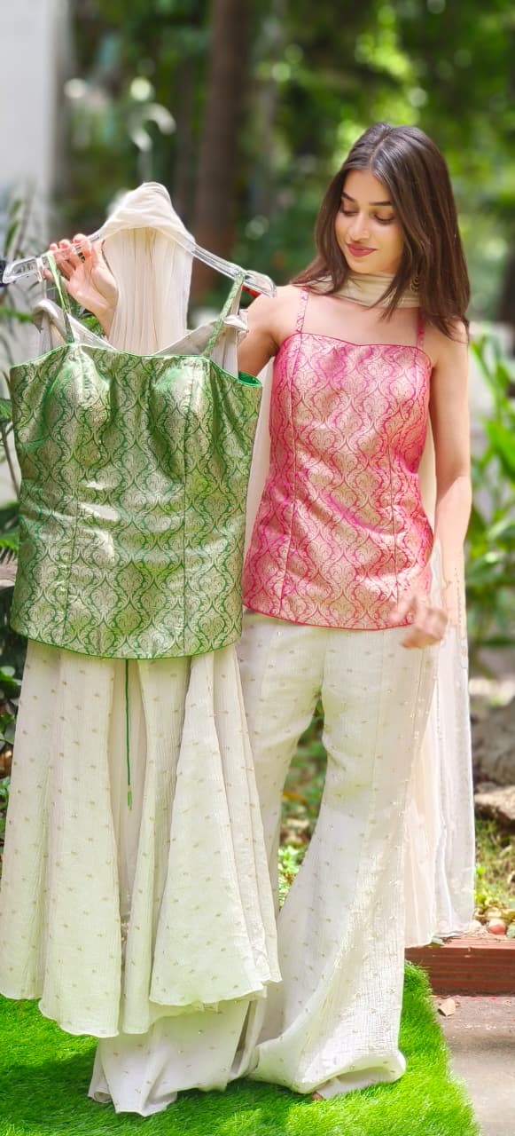 Indo-Western Wear Banarasi Touch Brocade Kurta With Flarred Palazzo In Crush Tissue 11143 (DISPATCHING AFTER 25 DAYS ON ORDERS EXCEPT FOR 38 SIZE)