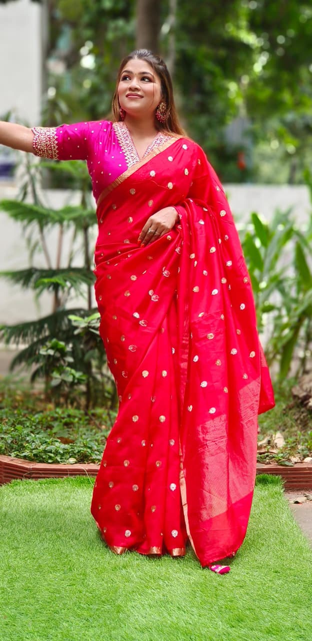 V-Neck Bright Shade Banarasi Touch Designer Saree In Pure Silk Fabric