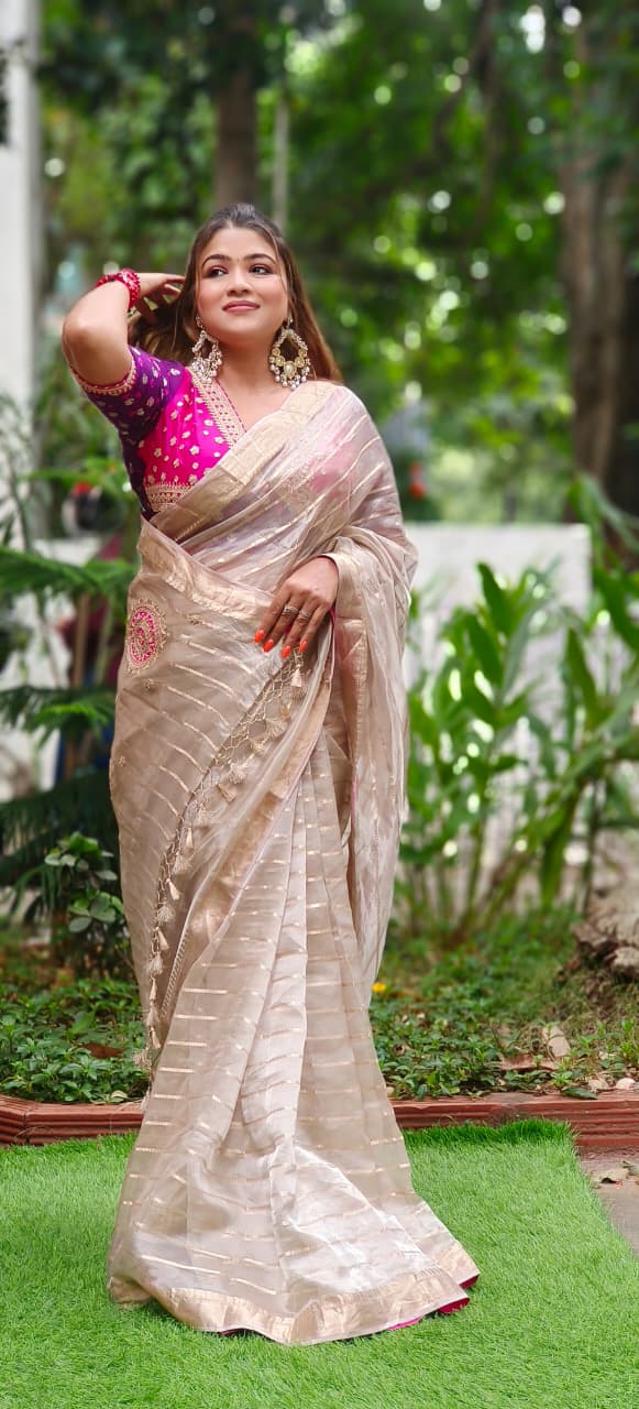 Heavy Embroidered Real Tissue Fabric Designer Saree With Stitched Padded Blouse
