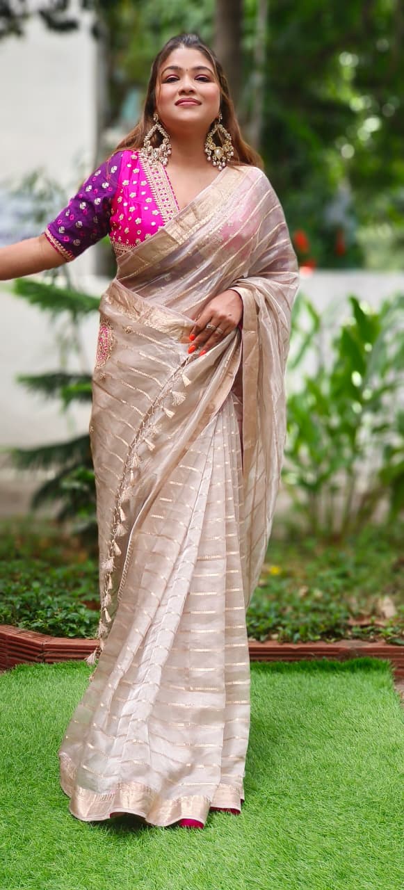 Heavy Embroidered Real Tissue Fabric Designer Saree With Stitched Padded Blouse