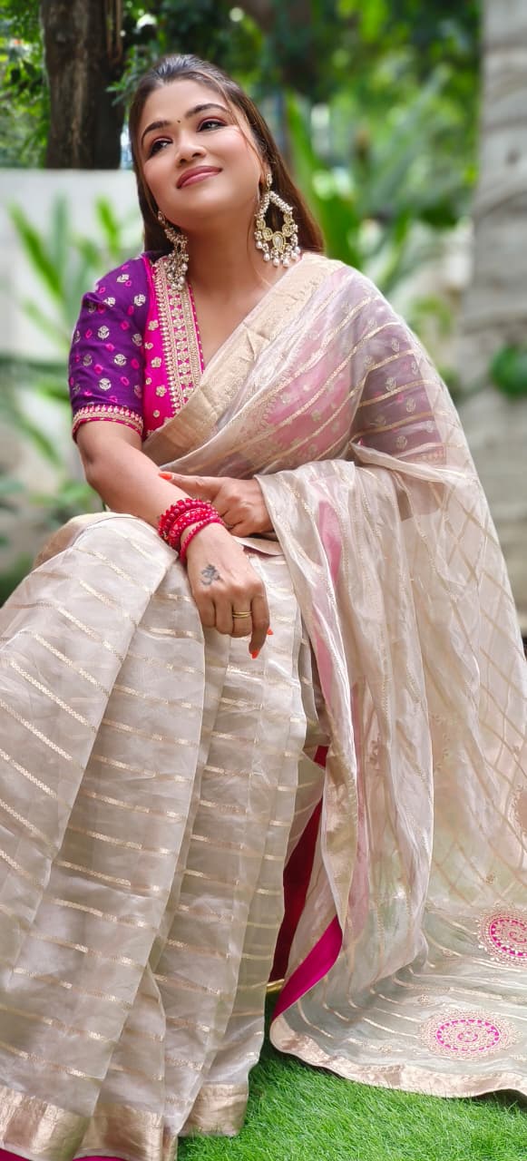 Heavy Embroidered Real Tissue Fabric Designer Saree With Stitched Padded Blouse
