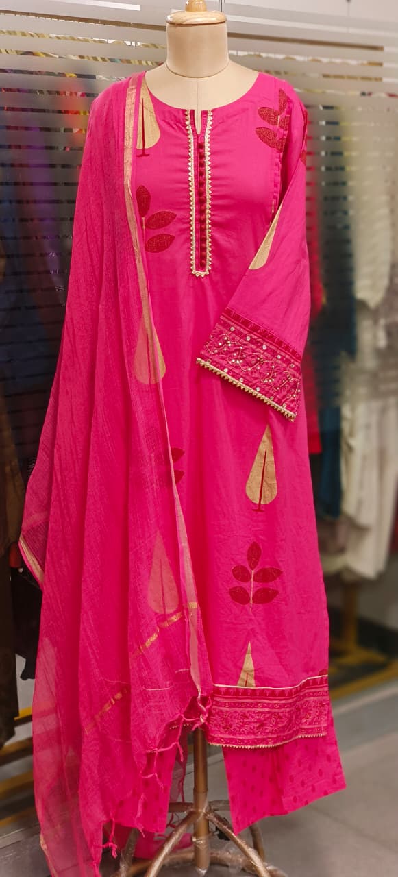 Mirror & Lace Bordered Sleeve Printed Full Suit Set With Dupatta In Cotton Fabric-11530