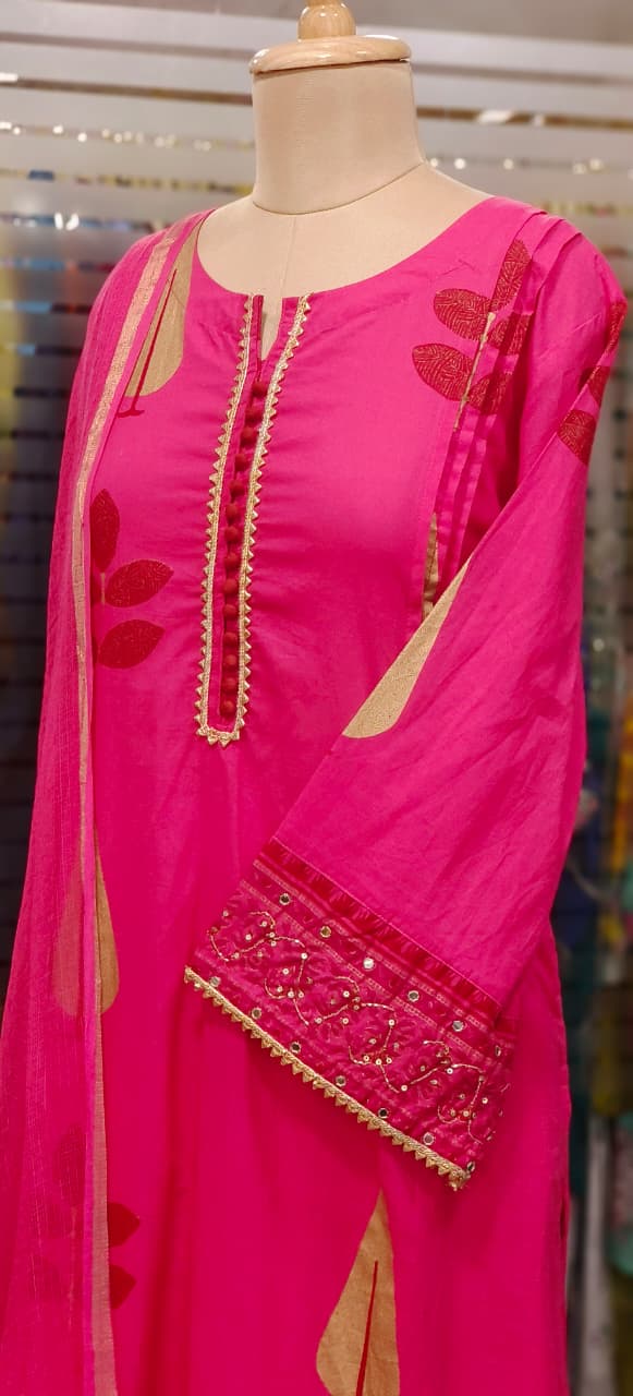 Mirror & Lace Bordered Sleeve Printed Full Suit Set With Dupatta In Cotton Fabric-11530