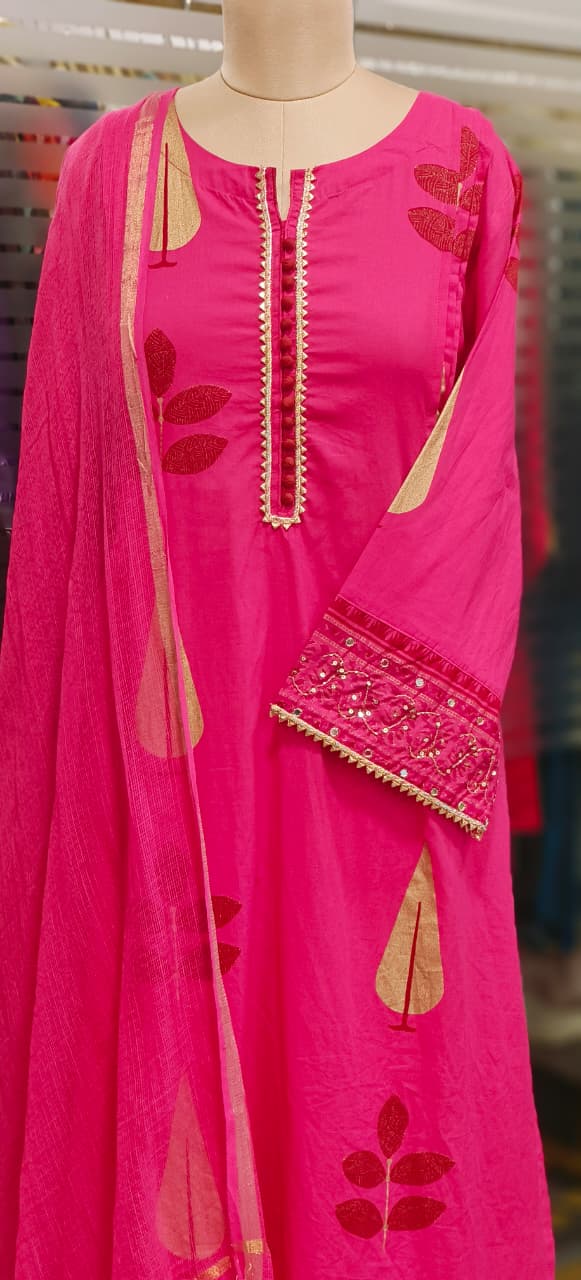 Mirror & Lace Bordered Sleeve Printed Full Suit Set With Dupatta In Cotton Fabric-11530