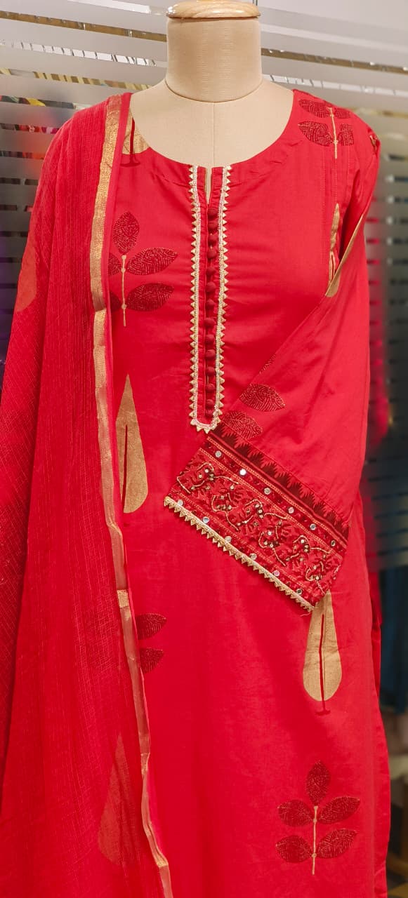 Mirror & Lace Bordered Sleeve Printed Full Suit Set With Dupatta In Cotton Fabric-11530