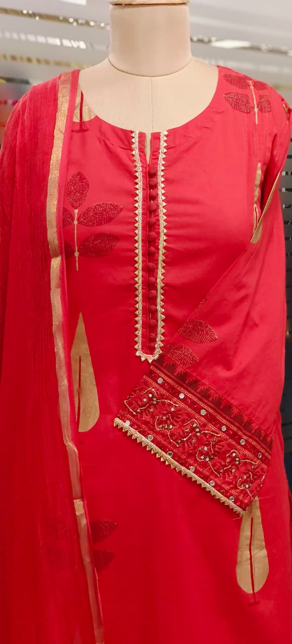 Mirror & Lace Bordered Sleeve Printed Full Suit Set With Dupatta In Cotton Fabric-11530