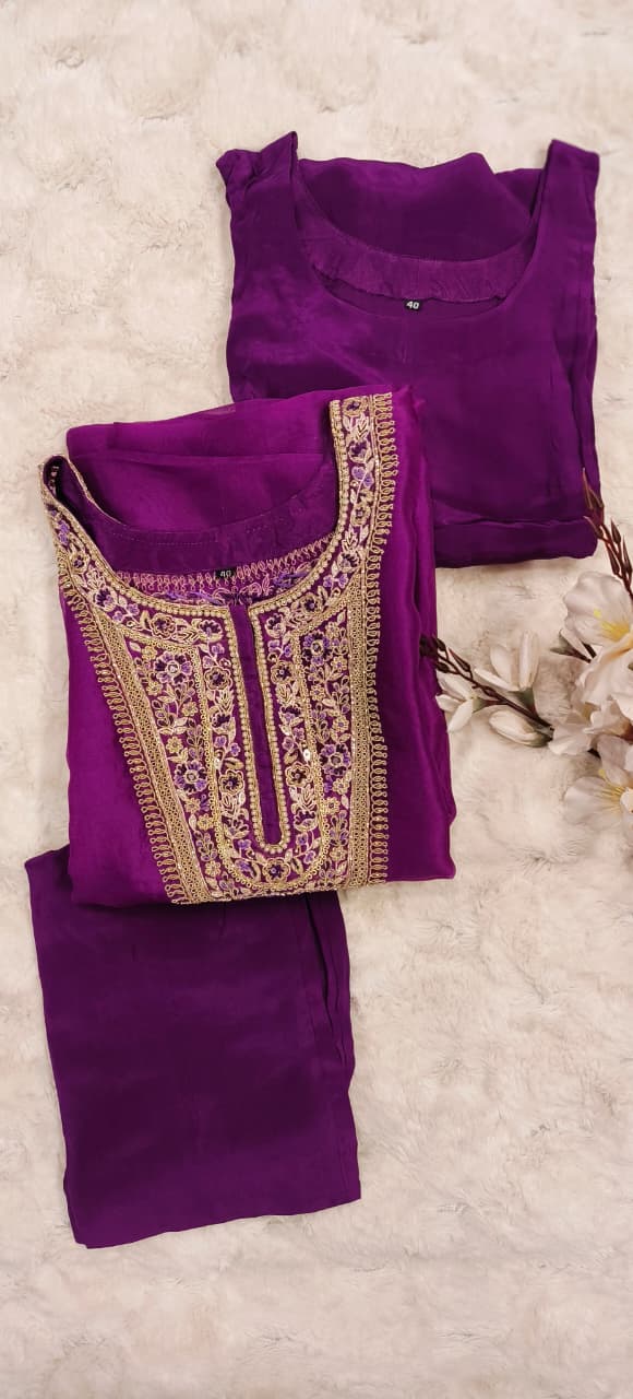 Vibrant Tone Premium Zardosi Crystal Hang Tissue Organza Kaftan With Crepe Inner & Simple Bottom