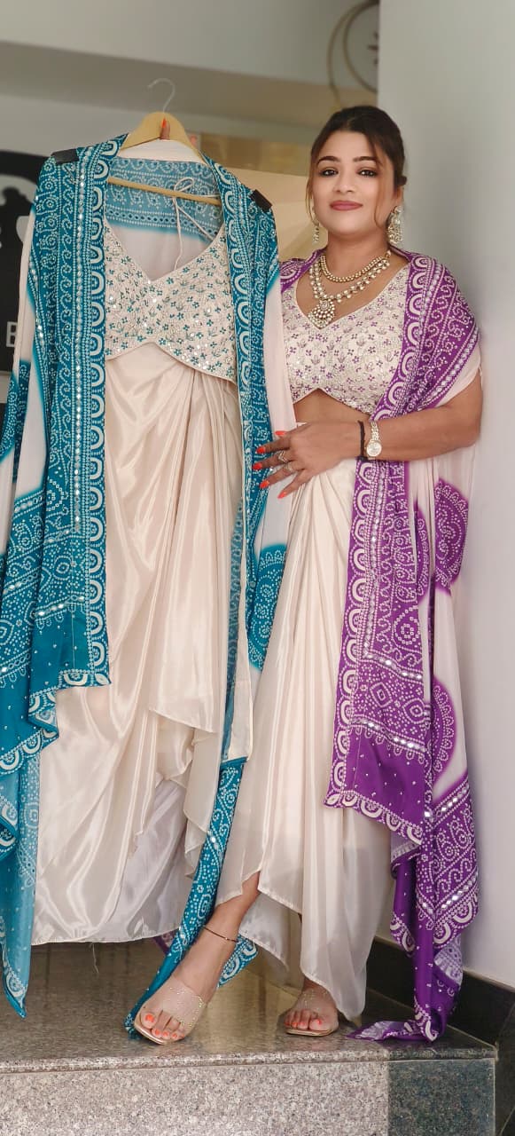 Thread Embroidered With Real Mirror Padded Crop-Top, Bandhej Crepe Outer & Drape Skirt In Silk Fabric- 11559, 11560