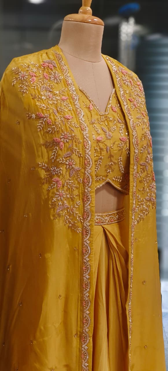 Heavily Hand Worked Crepe Shrug With Padded Crop Top & Drape Skirt In Chinon Fabric- 11561, 11562