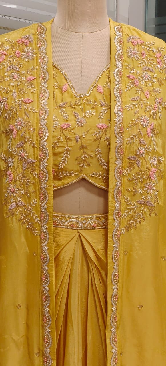 Heavily Hand Worked Crepe Shrug With Padded Crop Top & Drape Skirt In Chinon Fabric- 11561, 11562