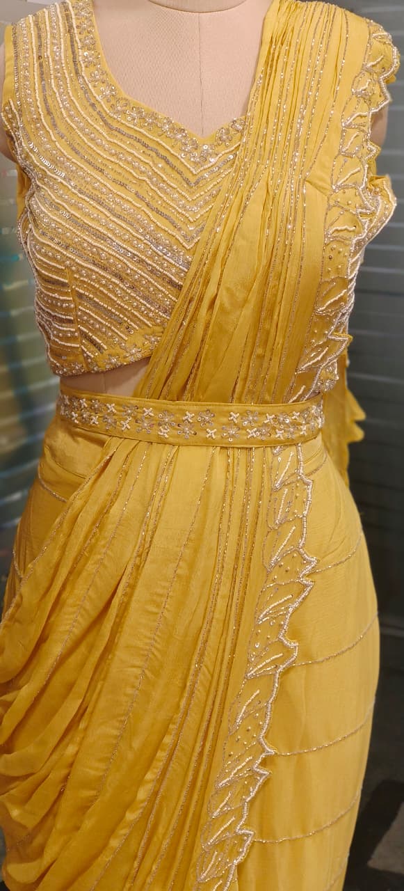 Sequenced Heavy Hand Worked Padded Blouse With Cutdana Cut Work Drape Saree In Chinon Fabric & Separate Belt- 11566, 11568