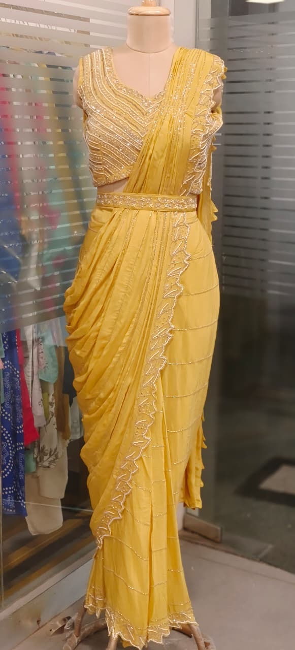 Sequenced Heavy Hand Worked Padded Blouse With Cutdana Cut Work Drape Saree In Chinon Fabric & Separate Belt- 11566, 11568
