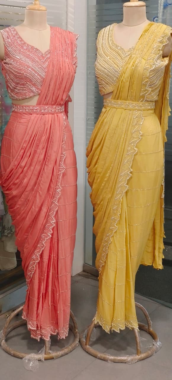 Sequenced Heavy Hand Worked Padded Blouse With Cutdana Cut Work Drape Saree In Chinon Fabric & Separate Belt- 11566, 11568