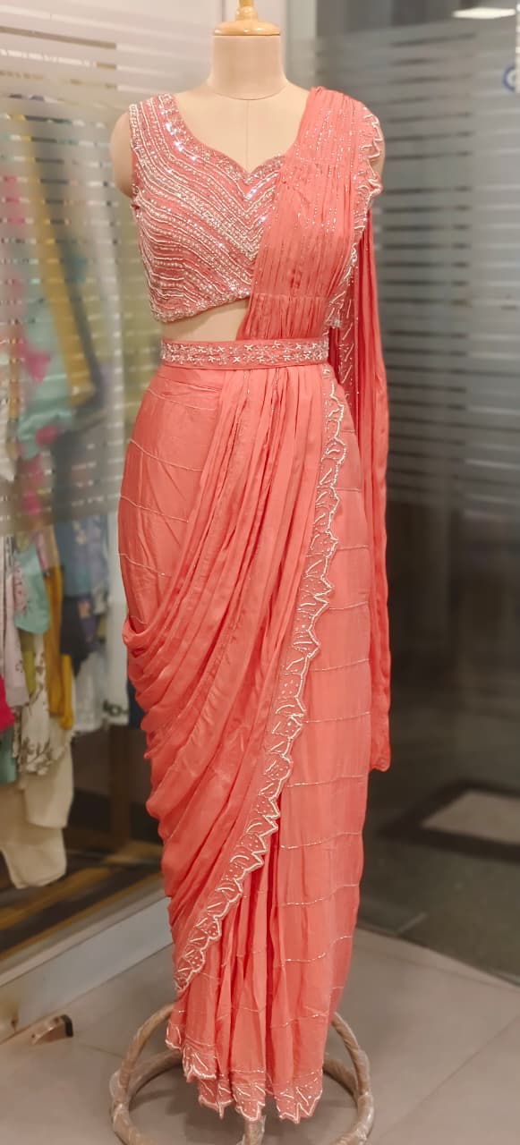 Sequenced Heavy Hand Worked Padded Blouse With Cutdana Cut Work Drape Saree In Chinon Fabric & Separate Belt- 11566, 11568
