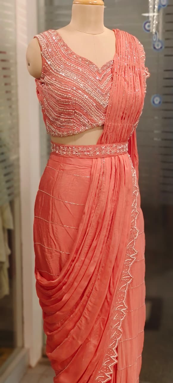 Sequenced Heavy Hand Worked Padded Blouse With Cutdana Cut Work Drape Saree In Chinon Fabric & Separate Belt- 11566, 11568