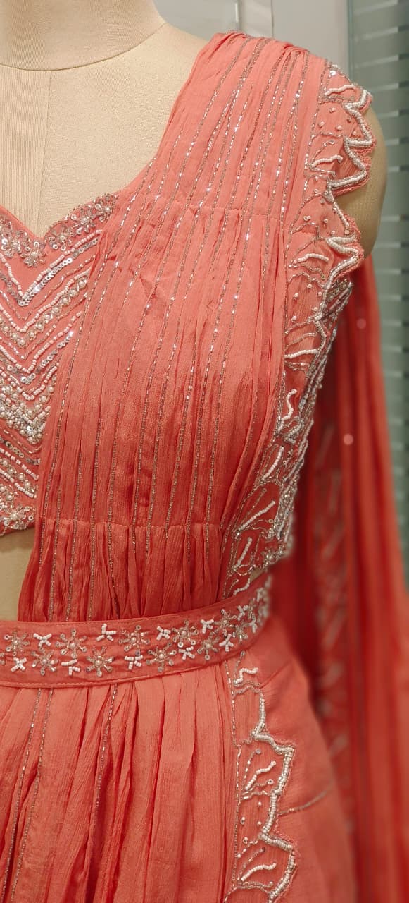 Sequenced Heavy Hand Worked Padded Blouse With Cutdana Cut Work Drape Saree In Chinon Fabric & Separate Belt- 11566, 11568