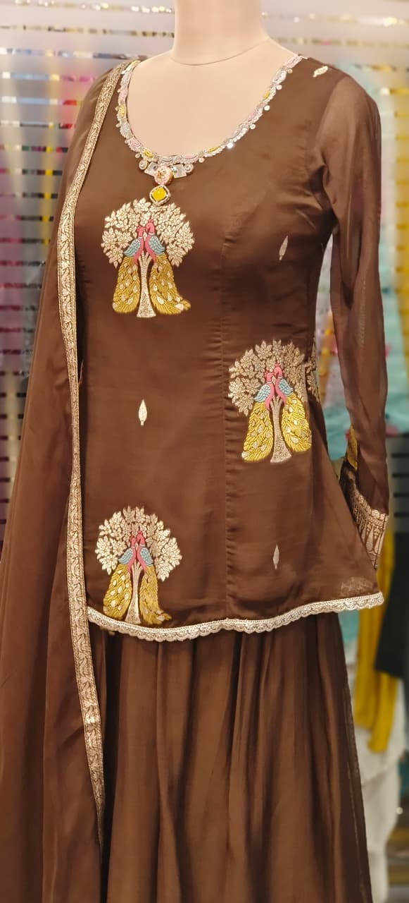 Twin Peacock Brocade Designed Unique Neck Handwork Full Suit Set With Dupatta & Skirt Bottom(Cane-Cane Inside) In Organza Fabric- 11539