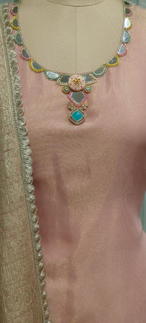 Neck Piece Look Real Mirror Elegance Unique Handwork Floral Cutwork Embroidered Short Kurta With Skirt Bottom(Cane-Cane Inside) & Dupatta In Tissue Fabric- 11543