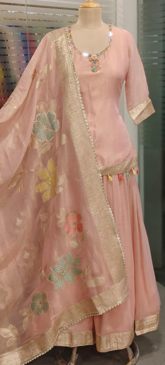 Neck Piece Look Real Mirror Elegance Unique Handwork Floral Cutwork Embroidered Short Kurta With Skirt Bottom(Cane-Cane Inside) & Dupatta In Tissue Fabric- 11543