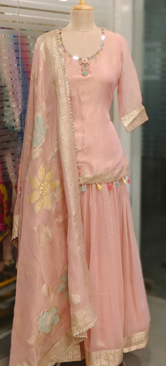 Neck Piece Look Real Mirror Elegance Unique Handwork Floral Cutwork Embroidered Short Kurta With Skirt Bottom(Cane-Cane Inside) & Dupatta In Tissue Fabric- 11543