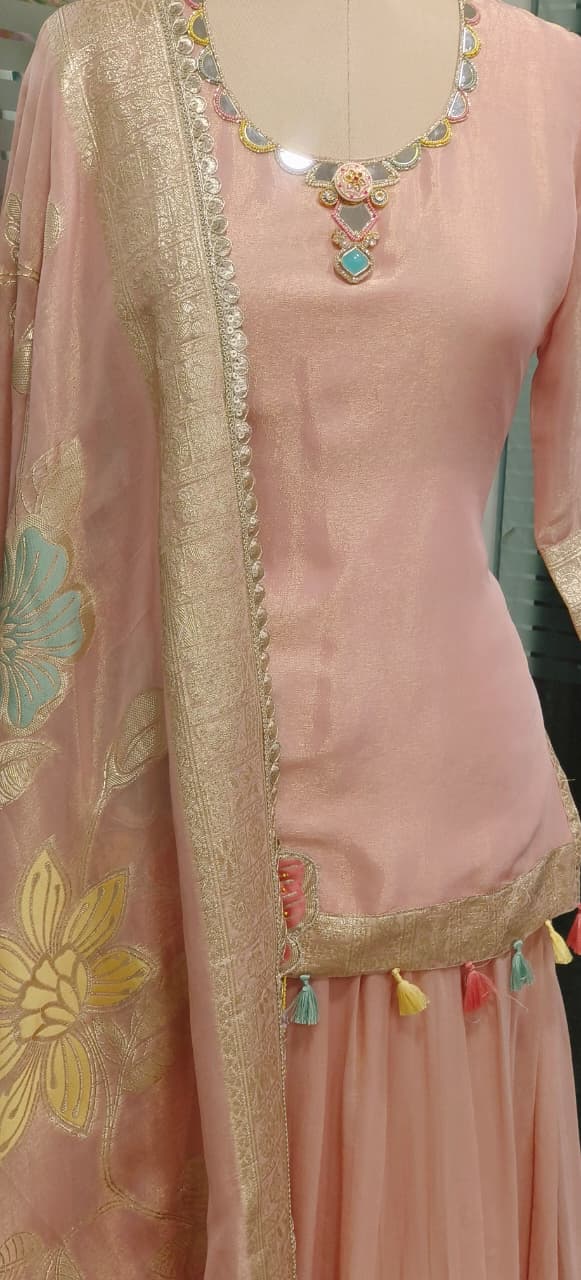 Neck Piece Look Real Mirror Elegance Unique Handwork Floral Cutwork Embroidered Short Kurta With Skirt Bottom(Cane-Cane Inside) & Dupatta In Tissue Fabric- 11543
