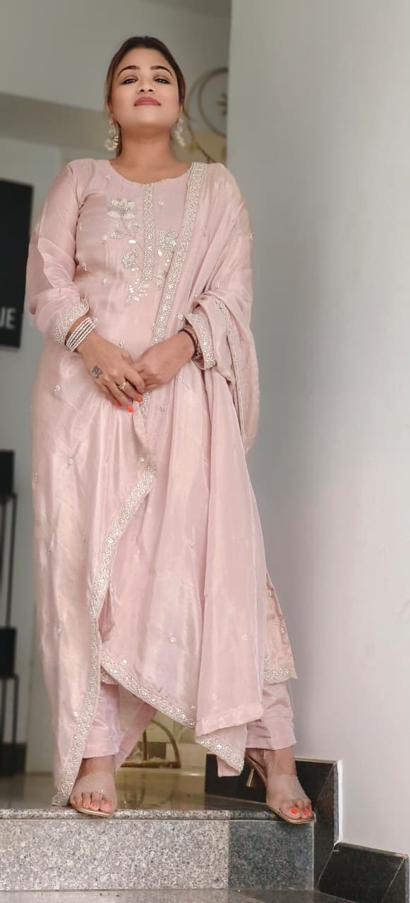 Very Elegant Tiny Pearl Cut Dana Work Full Suit Set With Dupatta In Tissue Fabric- 11582